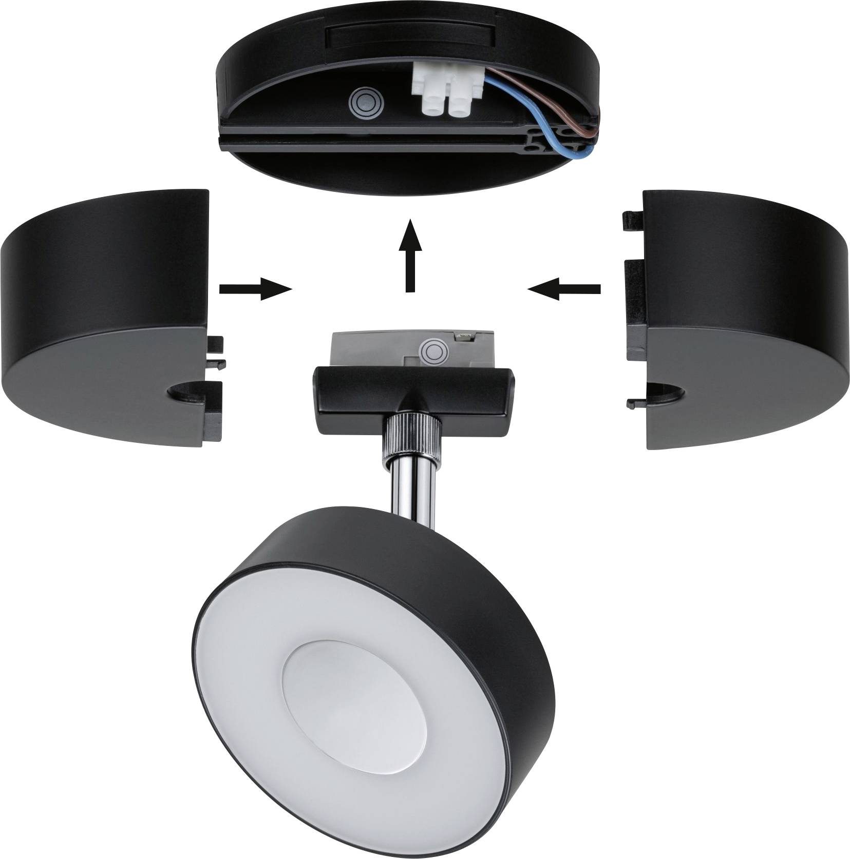 Assembly Instructions: Round Ceiling Light with Removable Casing, Showing Electrical Connection and Alignment Arrows for Installation.