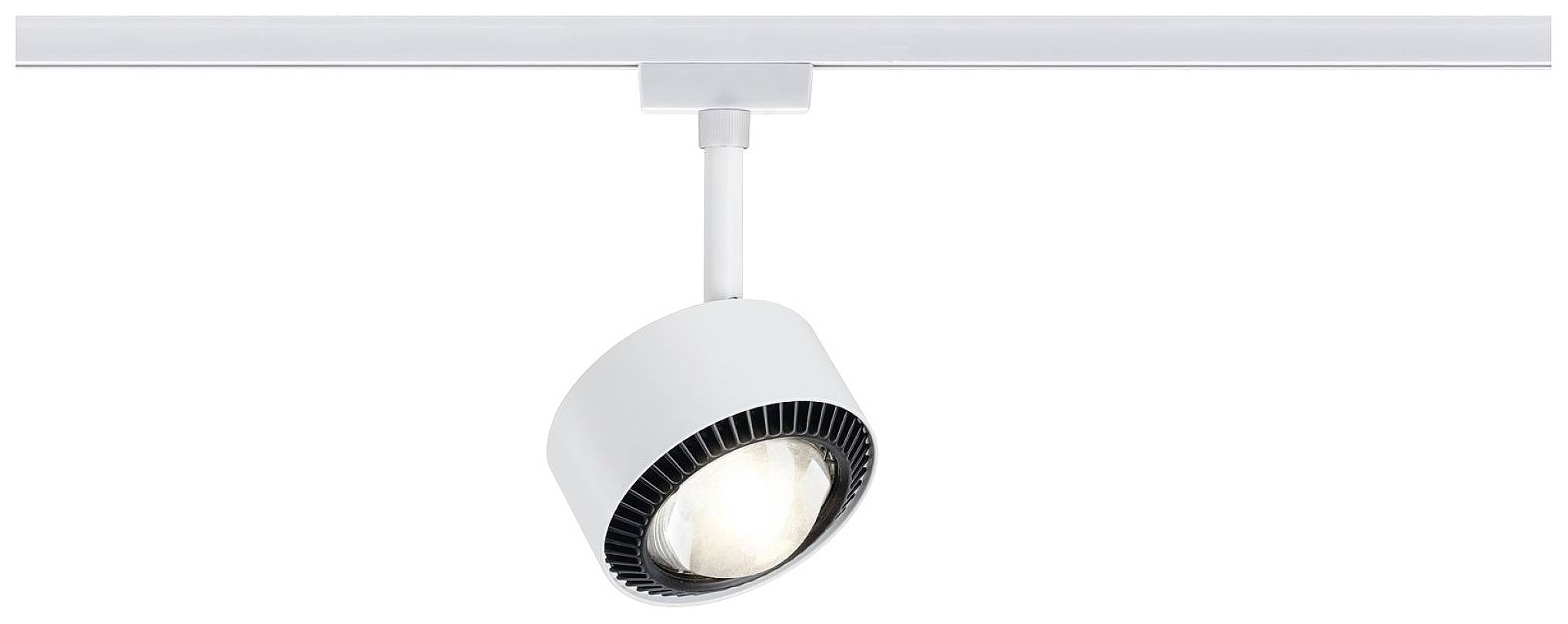 A modern white track light with a circular housing, mounted on a track, shines downwards.