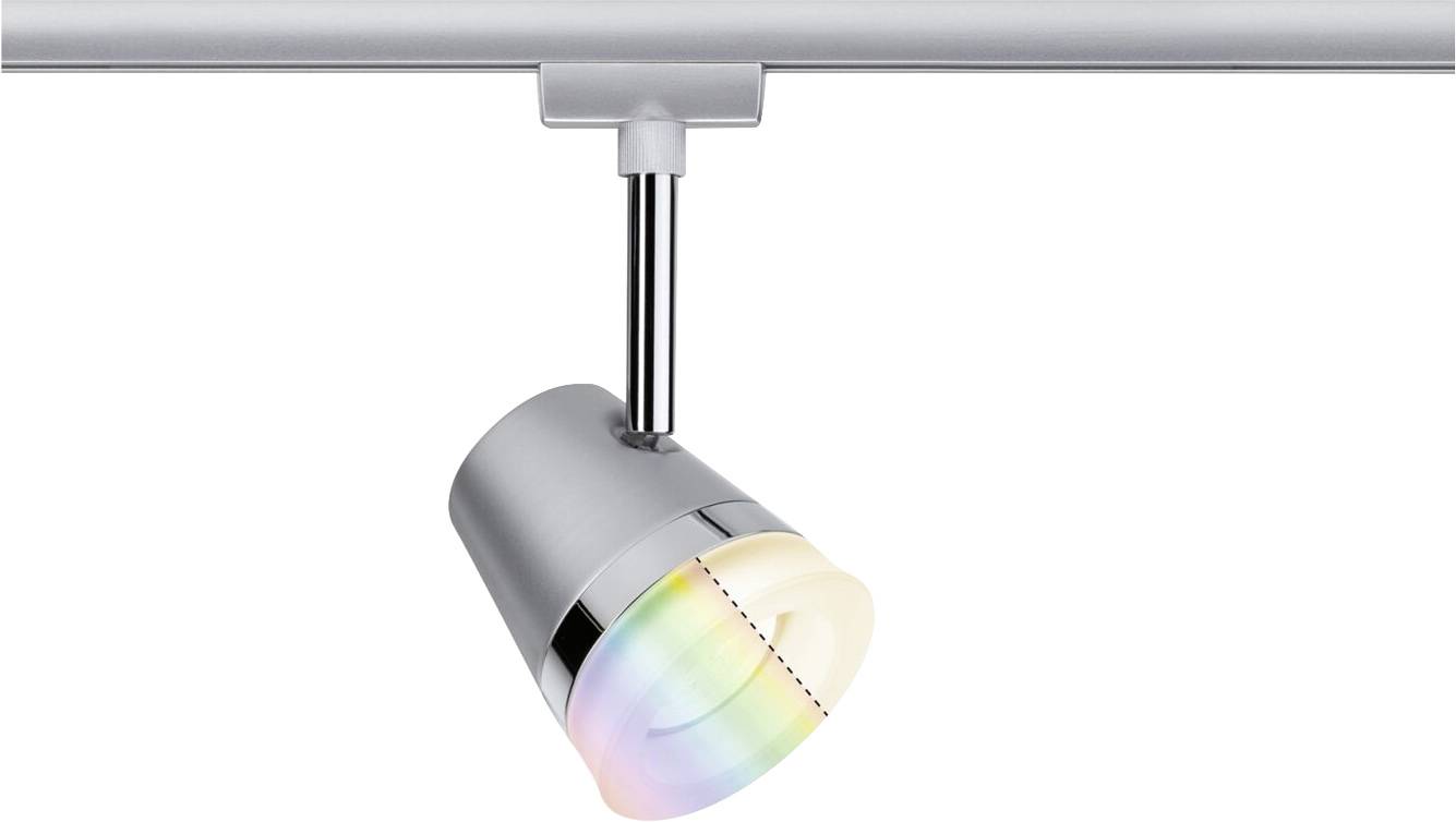 Silver LED spotlight for track system with colour-changing light. Ideal for creating atmospheric lighting in living spaces.