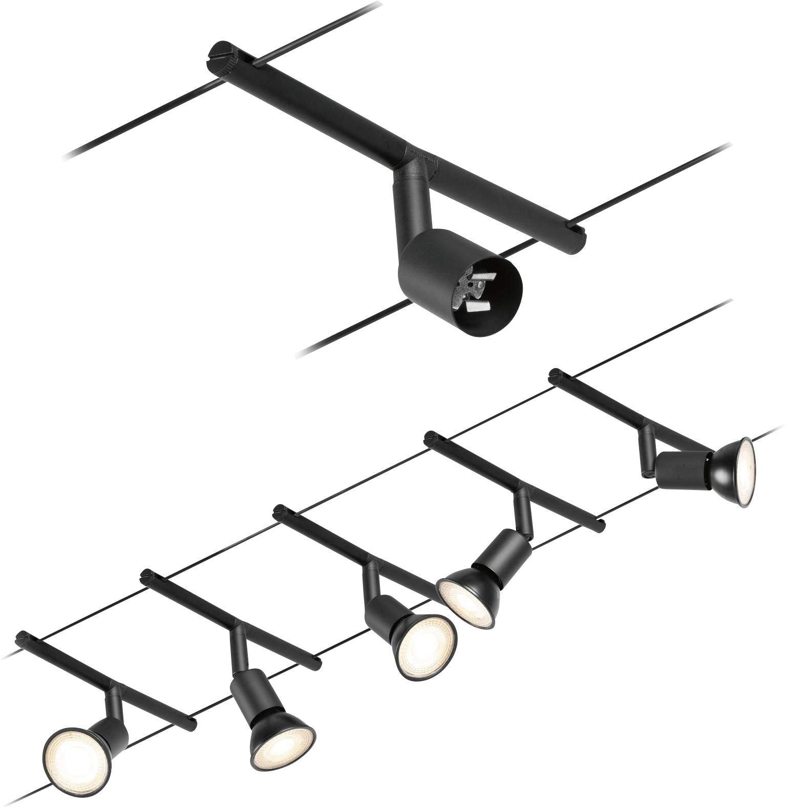A modern, black rail system with five adjustable spotlights, enabling uniform light in various directions.