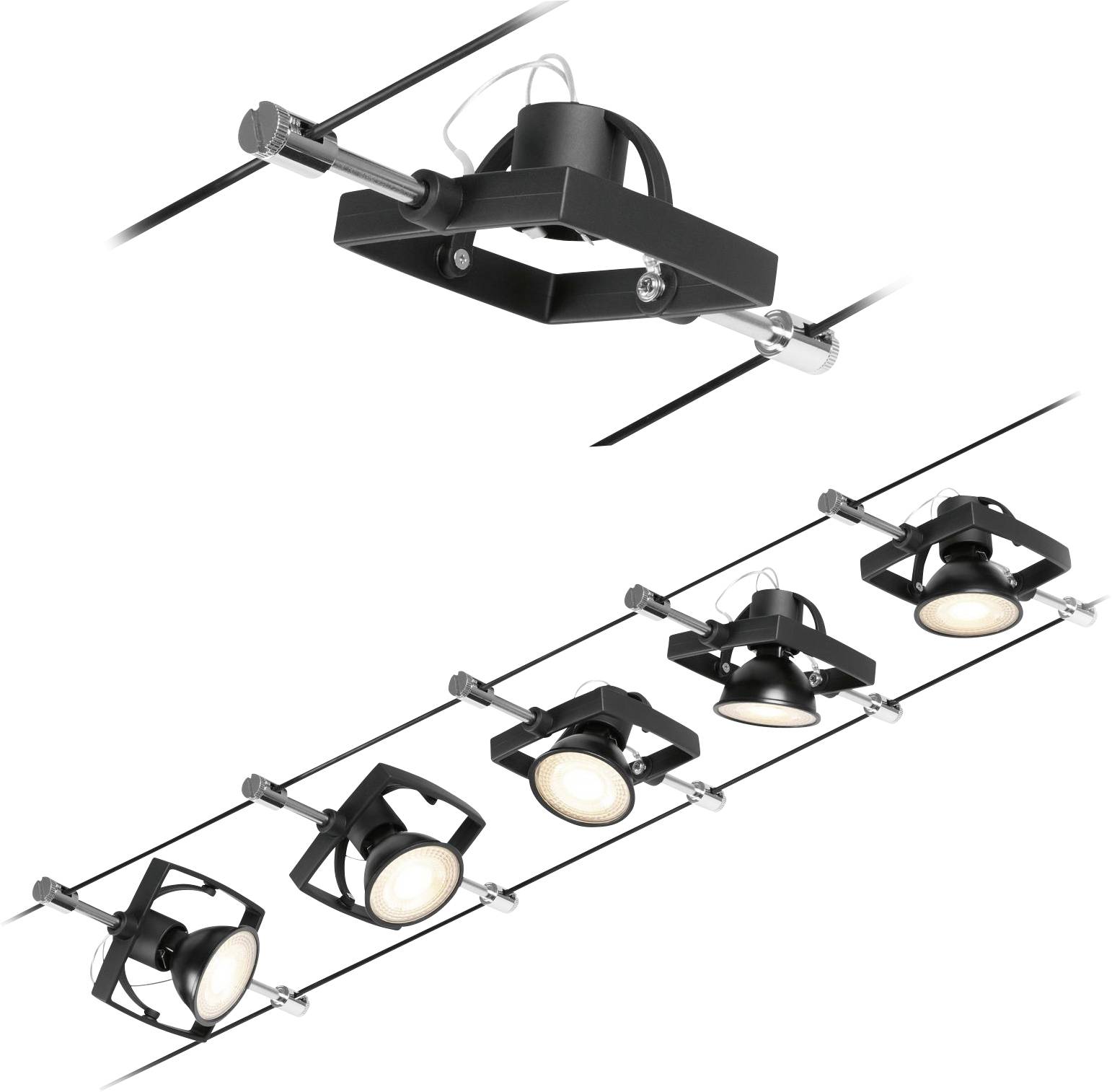 Ceiling track lighting system with four adjustable spotlights. Modern black frames with white lamps. Lighting solution for interior spaces.