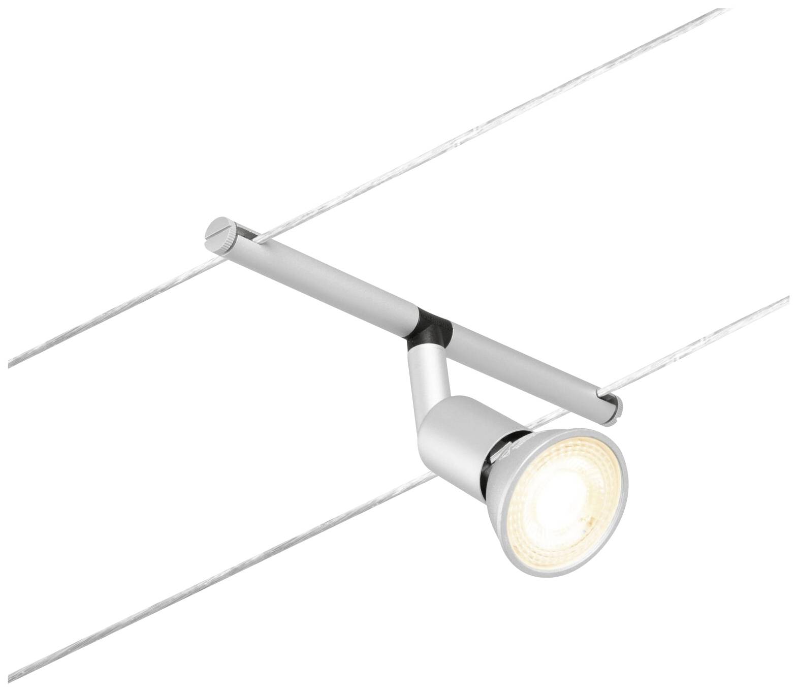 Silver ceiling light on cable system, illuminated and adjustable, for modern interiors.