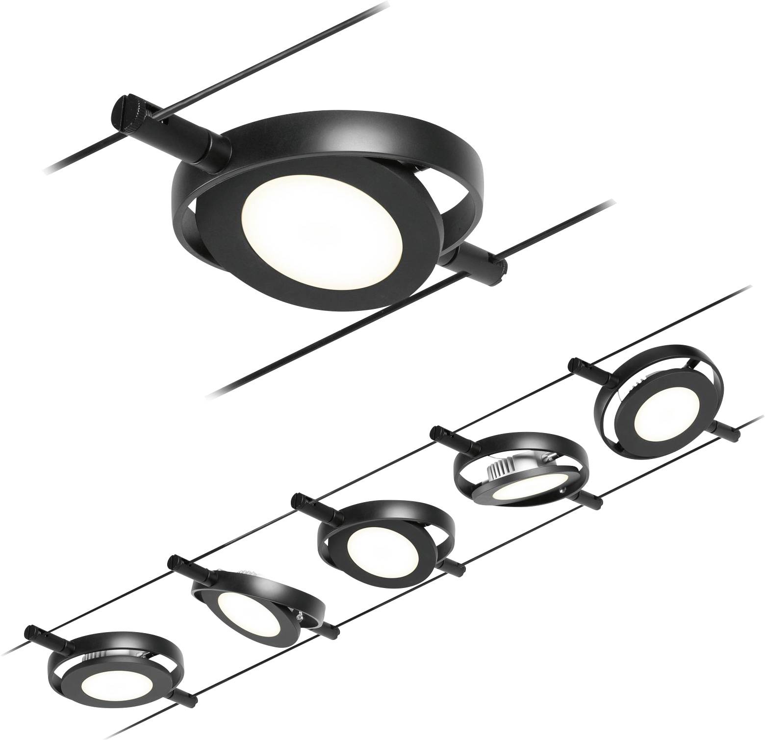 Black, round track lights with modern white LED lamps mounted on a ceiling.