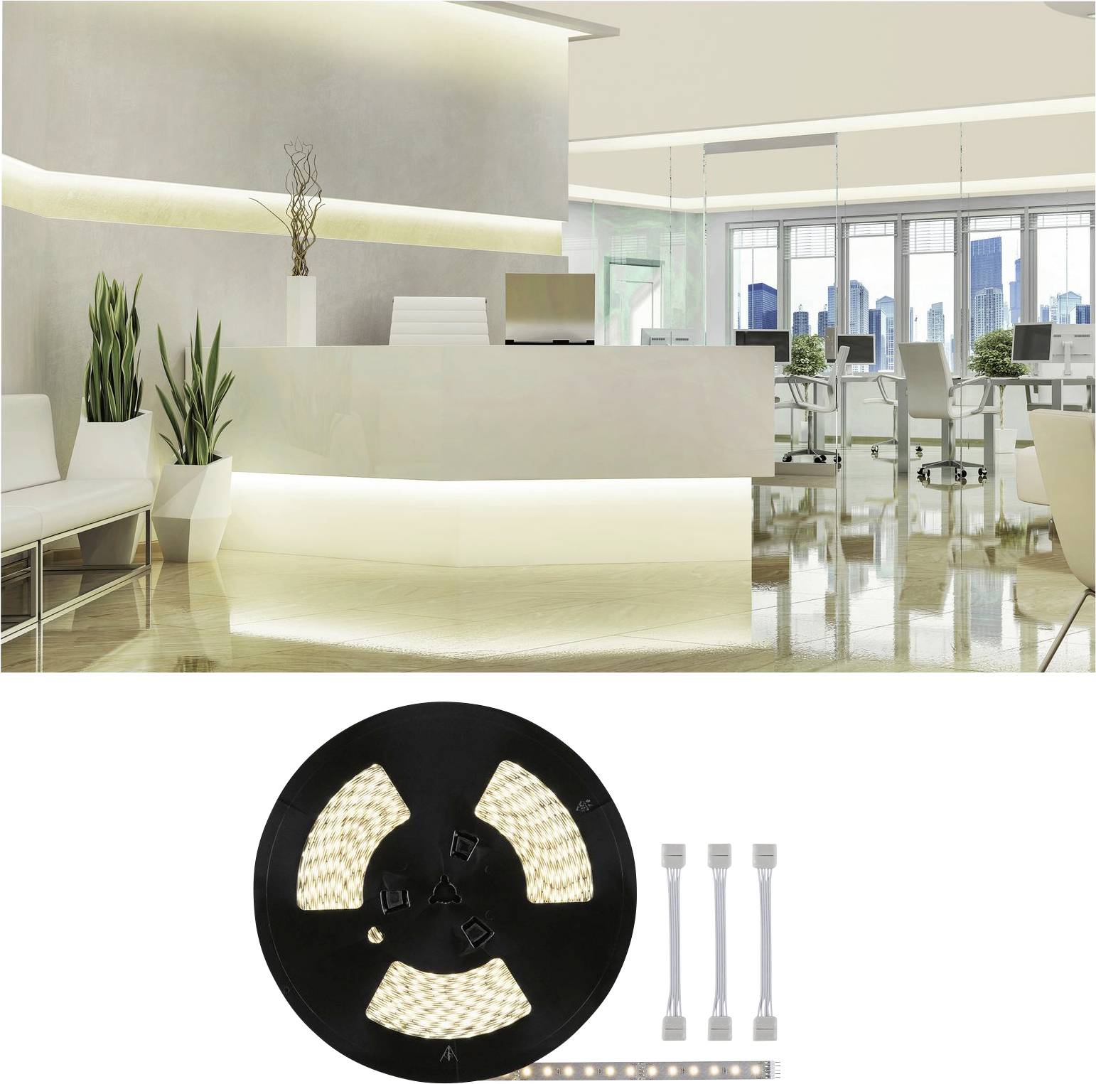 A modern reception area with a reception desk, LED strip lighting and plants. Underneath is a roll of LED light strips with accessories.