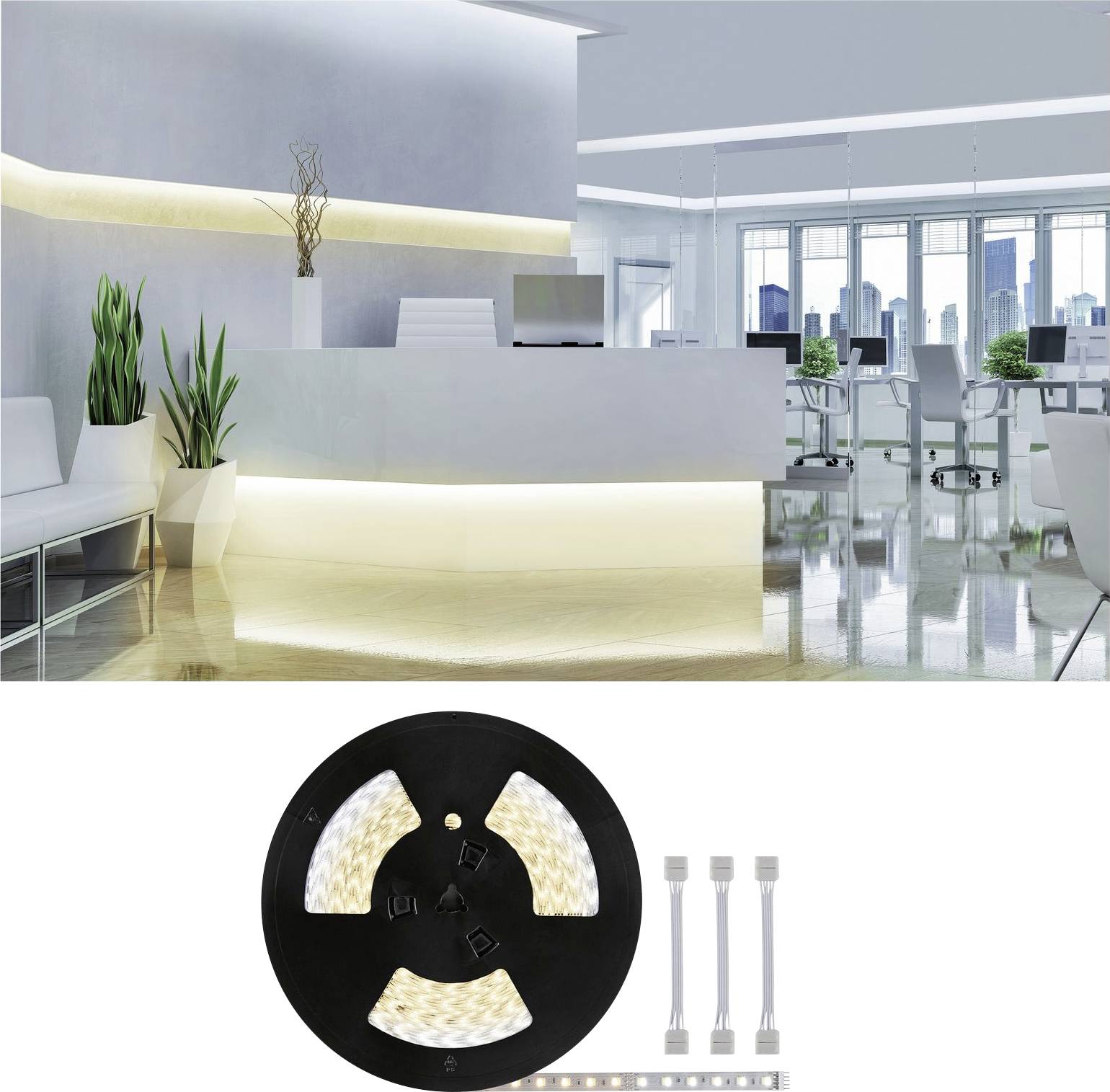 A modern office with large windows and stylish furniture. Including an LED light strip set on a black reel.