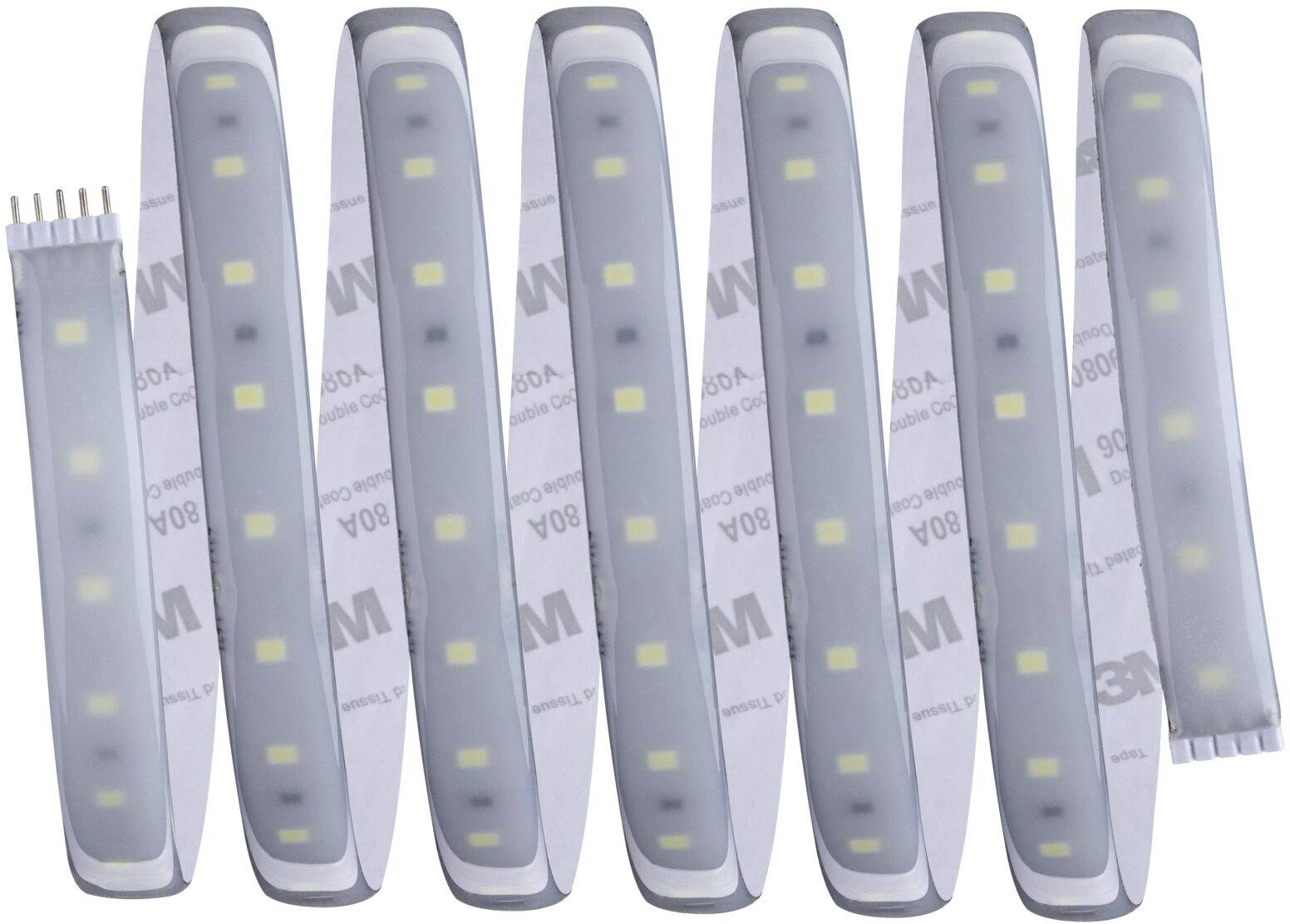 A curved LED light strip with yellow diodes on a grey surface, connected with plug contacts.