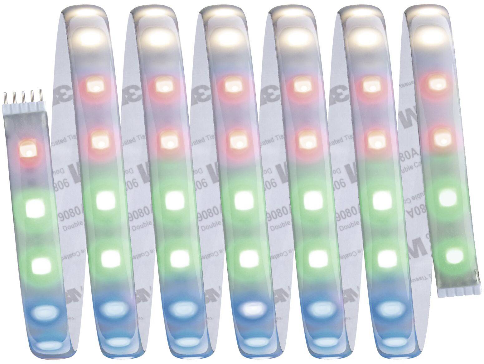 LED strip in an arched shape with alternating red, green, and blue lights on a white background.