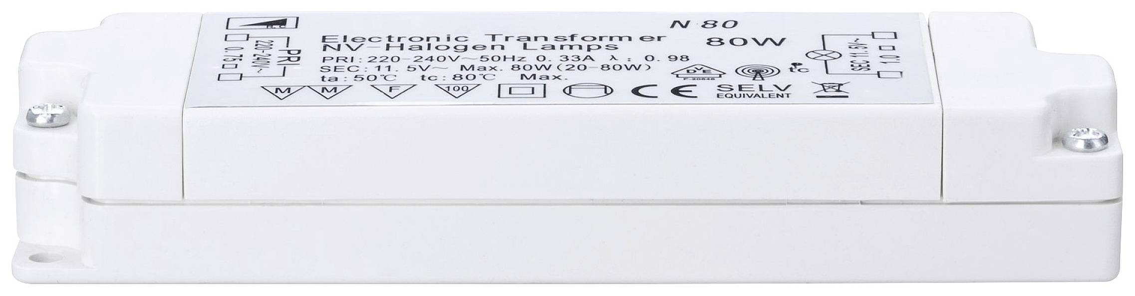 Electronic transformer for 12V halogen lamps, 80W, with technical specifications on a white housing.