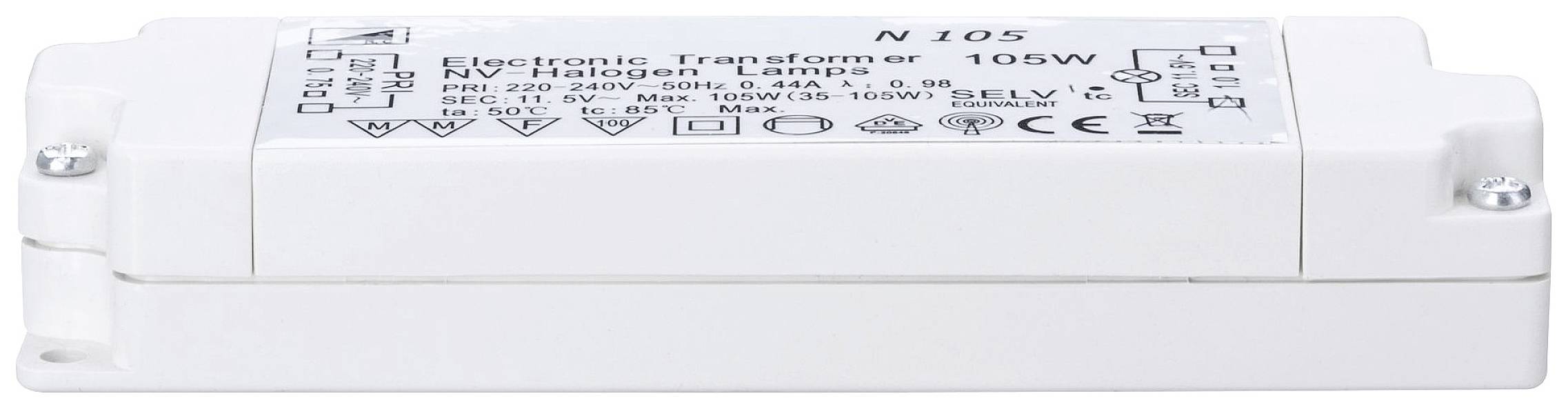 Electronic transformer for low-voltage halogen lamps, 105 W, with specifications and warnings on the top surface.