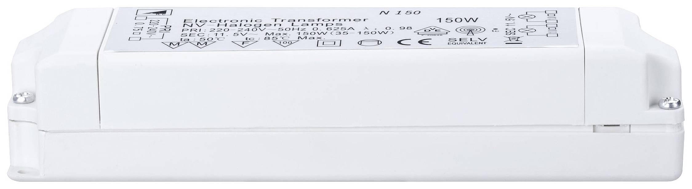 Electronic transformer with a label displaying technical specifications. The transformer is white and rectangular.