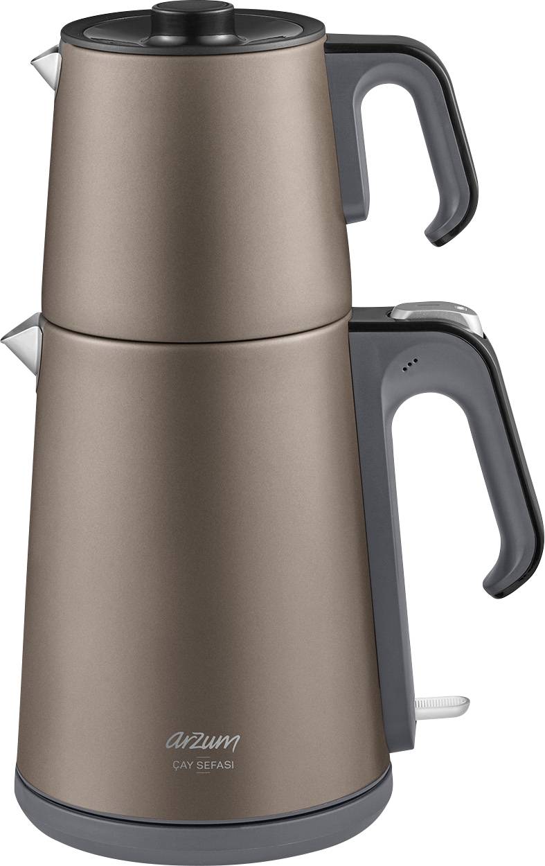 Brown tea machine with a black handle, comprising a kettle and tea attachment. Brand name 'Arzum' on the kettle.