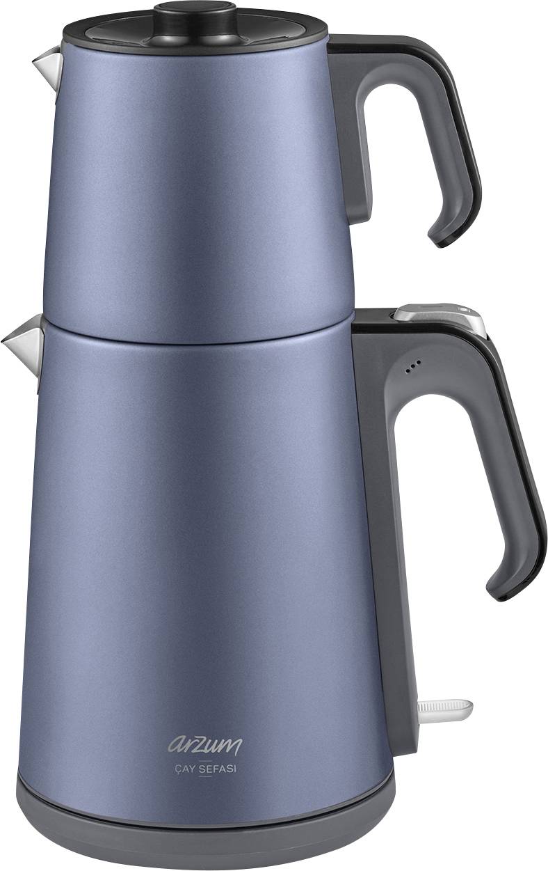 A blue electric kettle with two stacked pots and black handles.