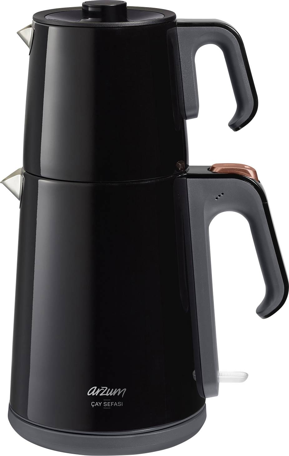 Black tea maker with double-walled design and two handles. Upper section for tea, lower section for hot water.