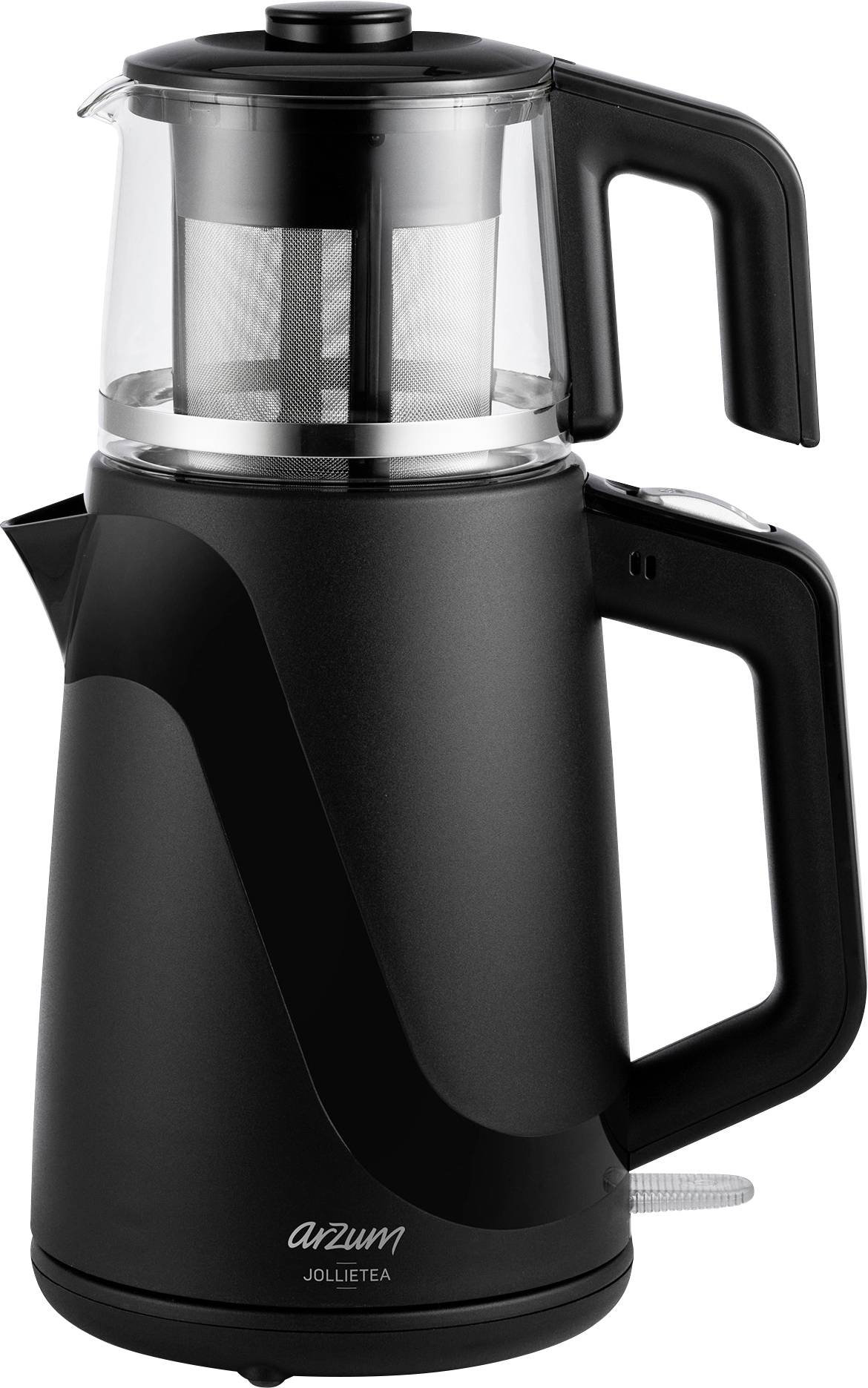 Electric black and silver tea maker with integrated strainer, two ergonomic handles, and teapot. Brand logo 'Arzum Jollitea'.