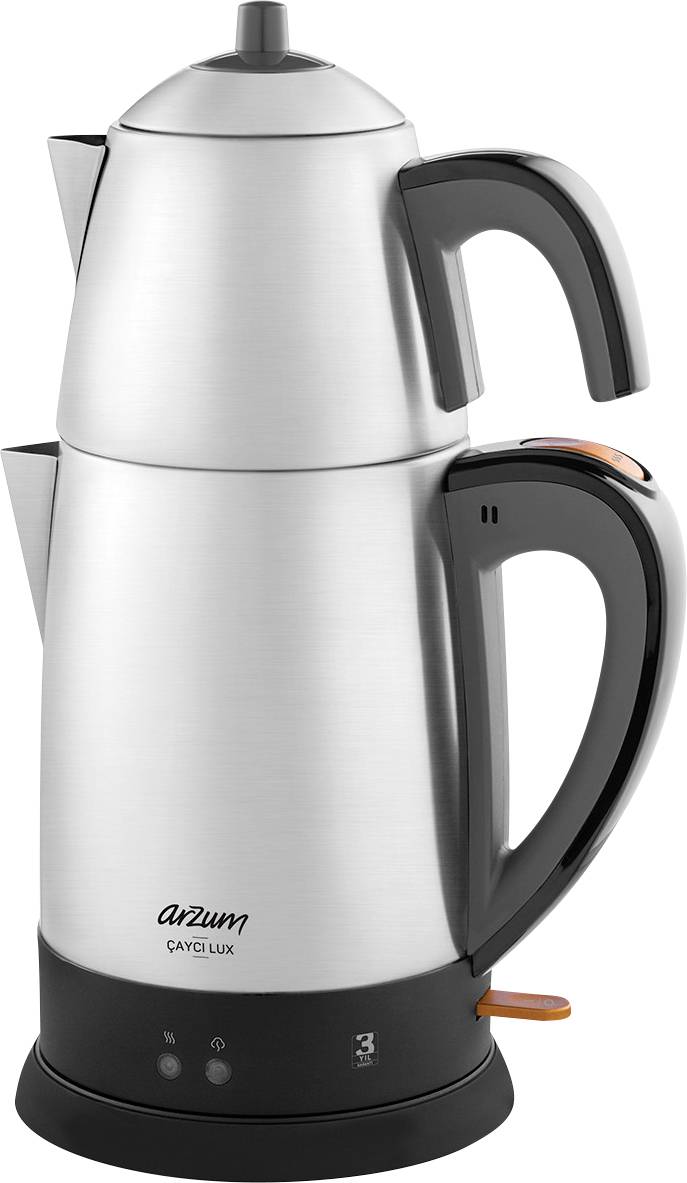 A silver-coloured electric samovar with a black handle and base. Suitable for heating and serving tea.