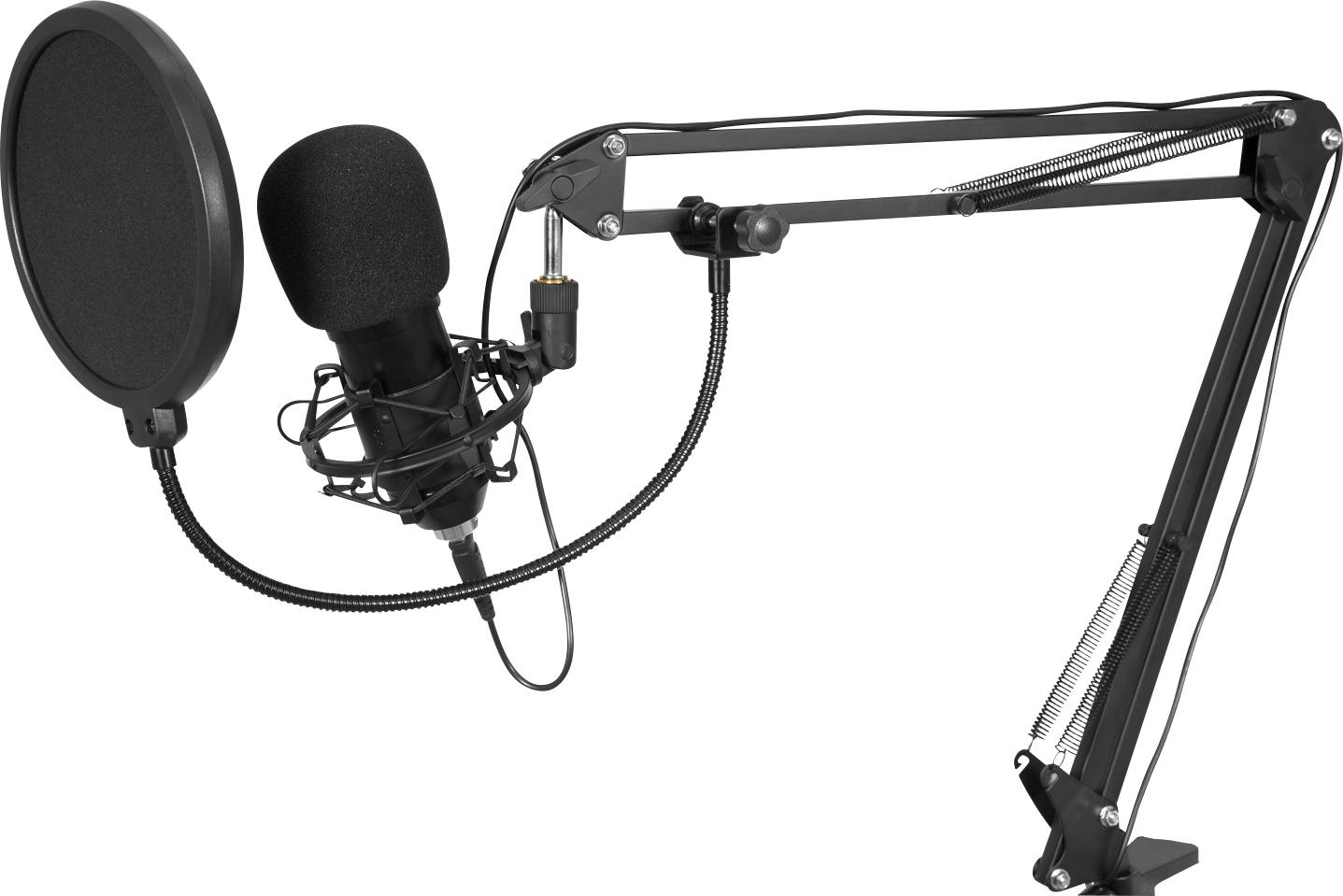A microphone with a pop filter is attached to an adjustable arm, ready for sound recordings in a studio.