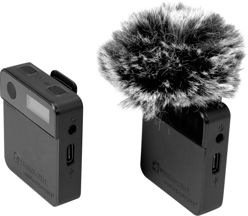 Two black microphone receivers with USB connections. One has a wind-protected microphone with a fluffy grey-black cover.