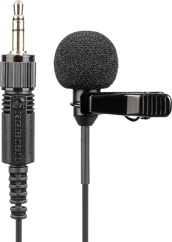 A black lapel microphone with a foam cap and 3.5mm jack, suitable for recording speech and interviews.