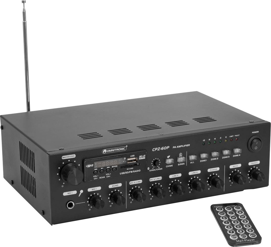 Black amplifier with multiple controls and an antenna rod, remote control beside it. Brand name 'OMNITRONIC' on the front.