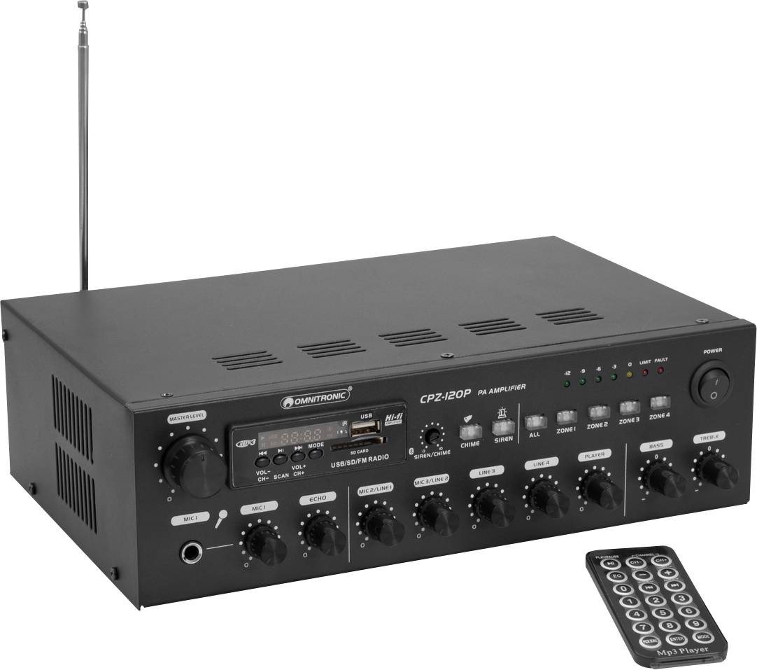 A black audio amplifier with multiple knobs and switches, with a remote control beside it. There is an antenna on the back.