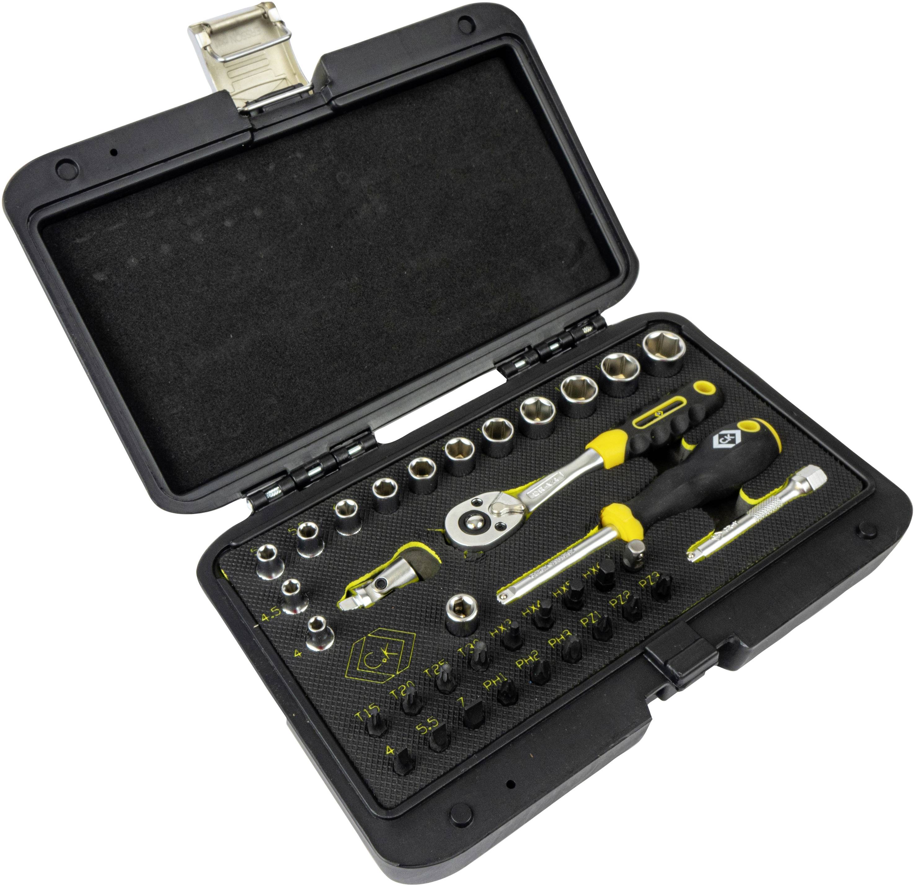 Open tool set with socket wrenches, screwdrivers, ratchet and bits, arranged in a black case with yellow accents.