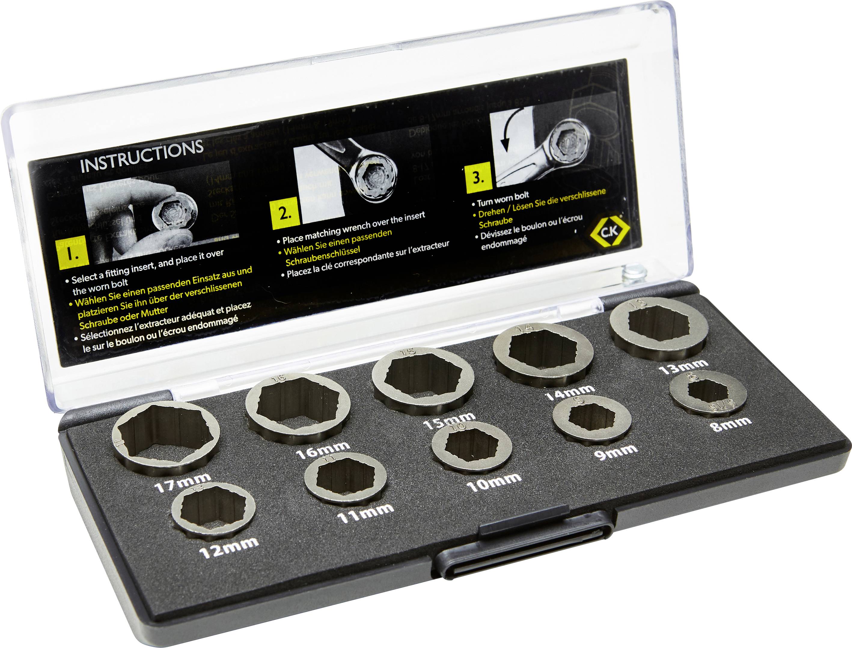Set of twelve socket nuts in a plastic case. Sizes: 8mm to 19mm. Instructions for correct use on the lid.