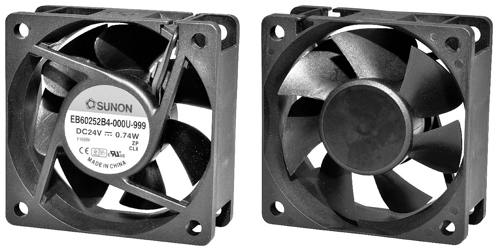 Two black fans with multiple rotor blades. One shows the label 'SUNON DC24V', the other shows the rear side of the fan blades.