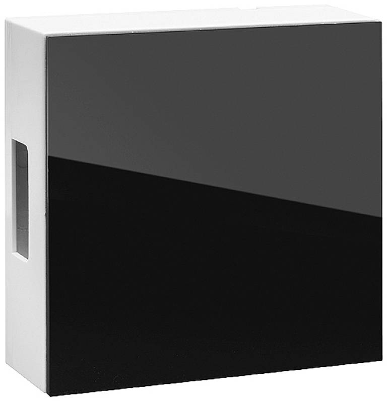White box with a black, glossy front. Rectangular shape with a side grip slot for easy handling.