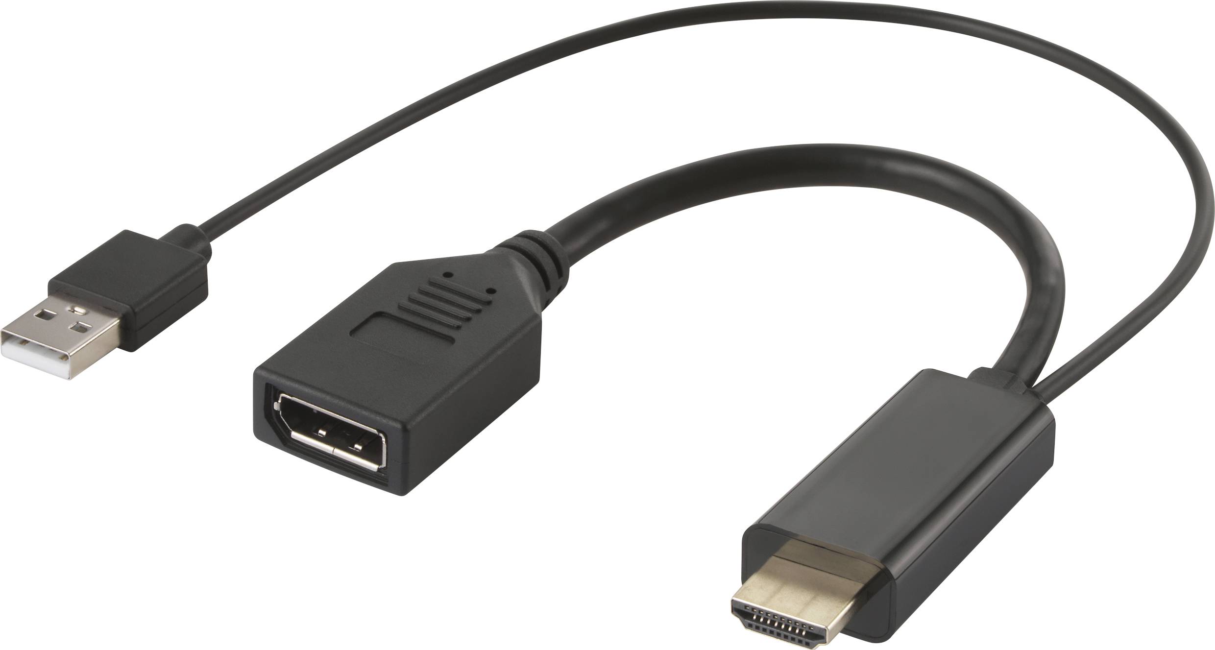 Black USB to HDMI cable adapter with two connectors: a USB plug and an HDMI socket, connected by a short cable.