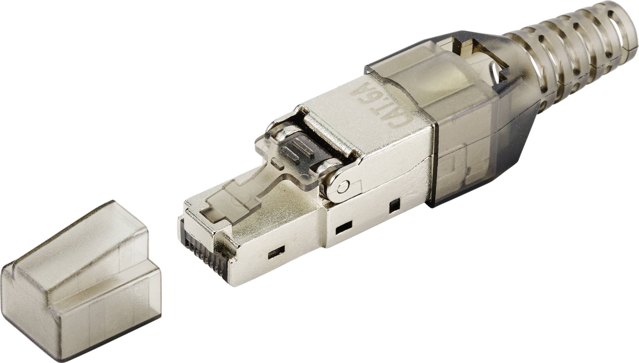 RJ45 connector with removable cover, suitable for Ethernet networks, showing metallic housing and plug contacts.