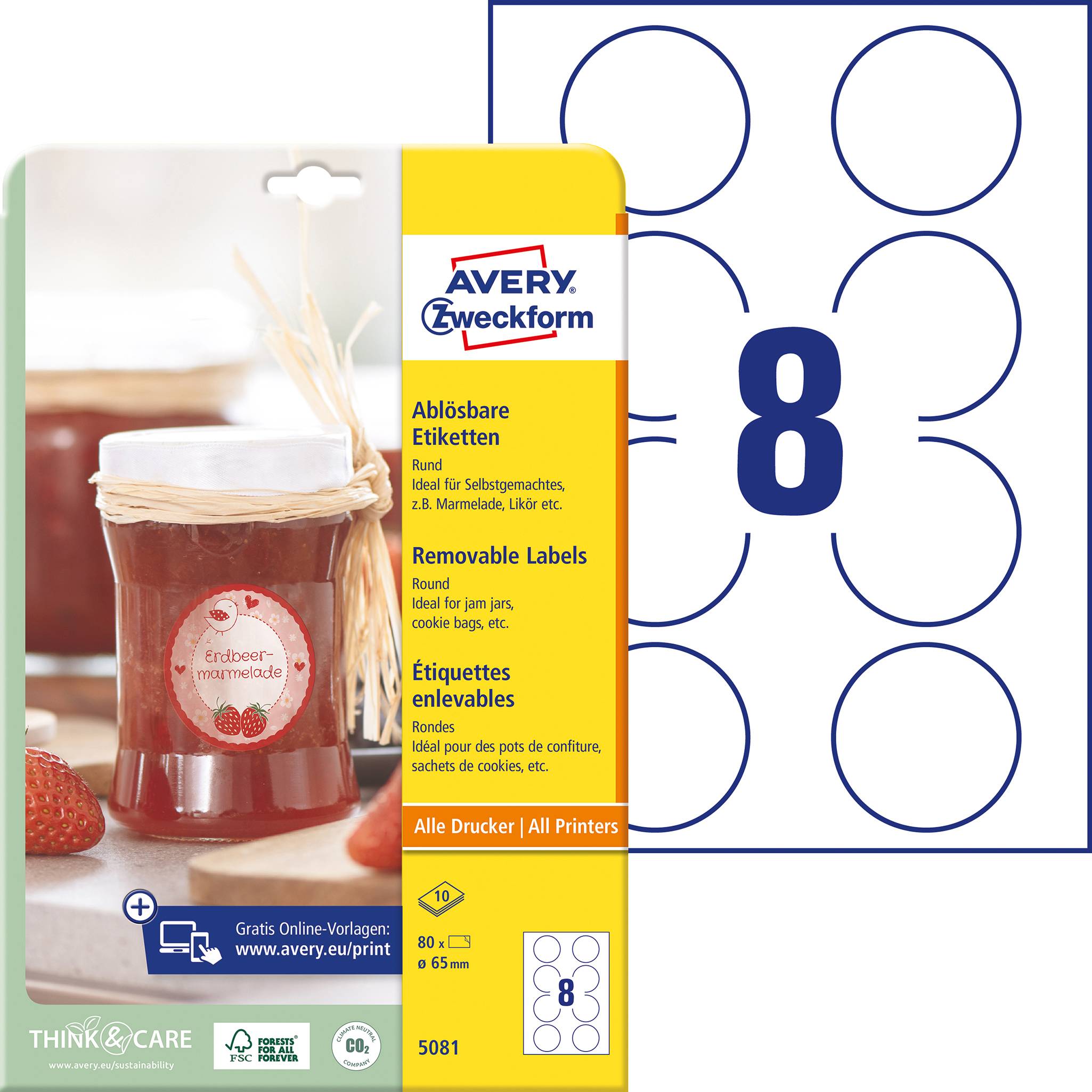 Label sheet with eight round, removable labels for jam jars. Depicting strawberry jam and the Avery Zweckform brand.