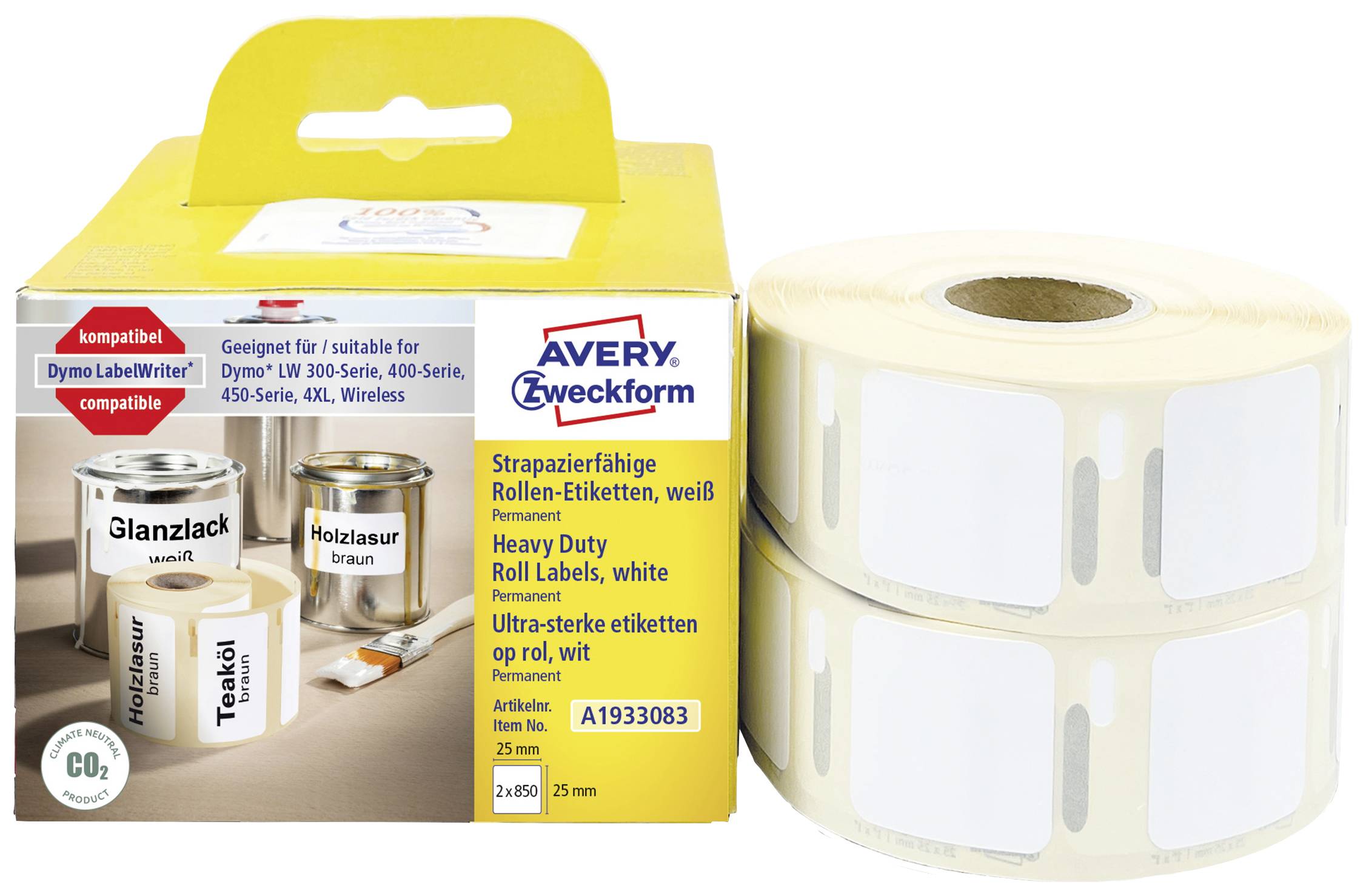 Two rolls of white, durable labels are positioned next to an Avery Zweckform packaging for thermal printers.