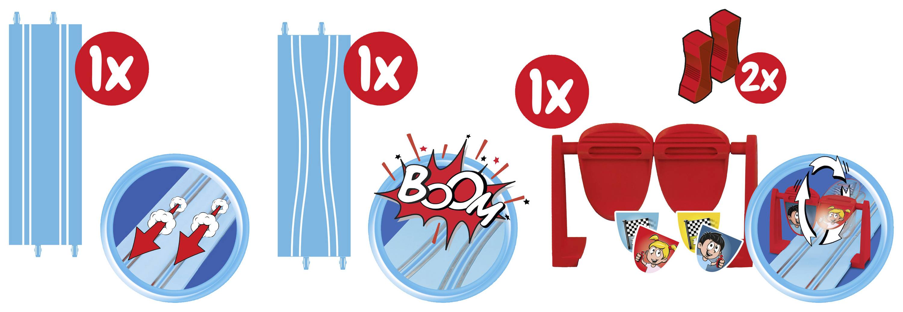 'Image shows individual parts for a toy: 1 blue loop, 1 blue curved piece with arrows, 1 blue disc with 