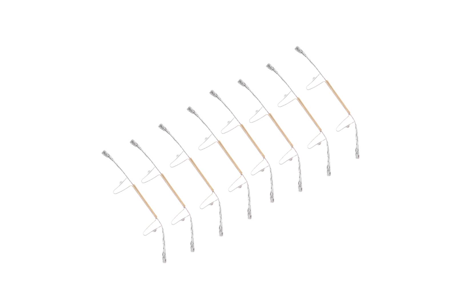 A row of nine wooden metal wire brushes with a curved handle, arranged evenly side by side.
