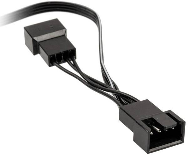 Black Y-cable with two three-pin connectors and one four-pin connector, primarily used for computer fans.