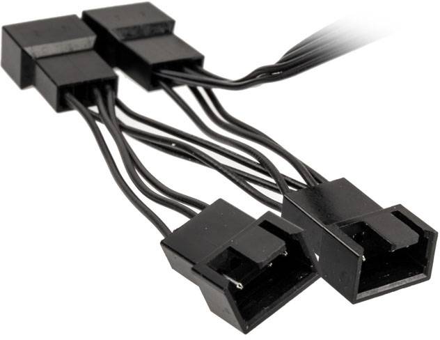 Two black 4-pin PWM fan adapters with four wires, suitable for connecting multiple fans to a control unit.