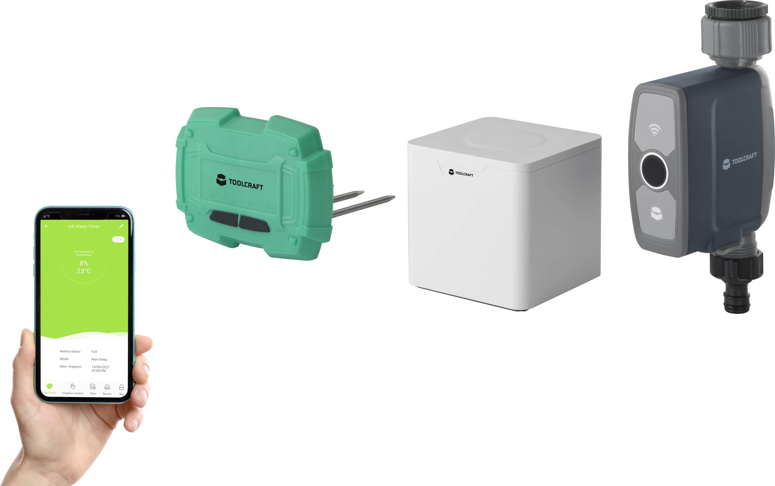A smartphone displays a garden app. Next to it are a green sensor, a white control box, and a black irrigation controller.