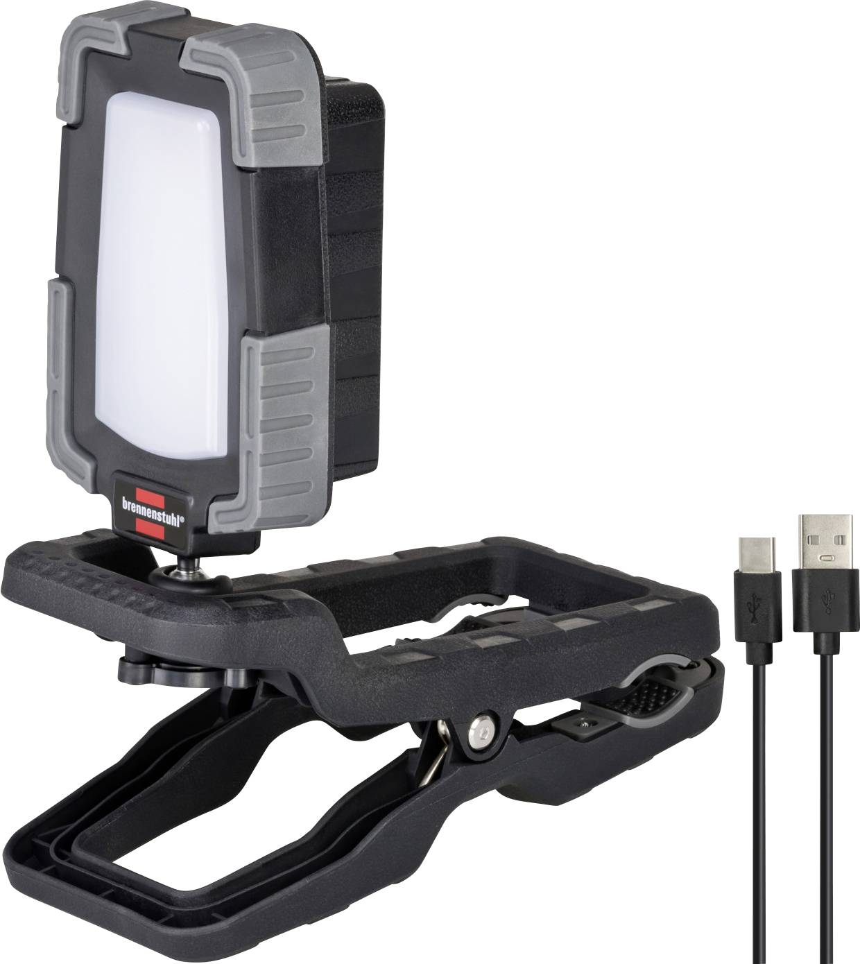 Clip-on rechargeable LED work light with black clamp mount and included USB charging cable on a white background