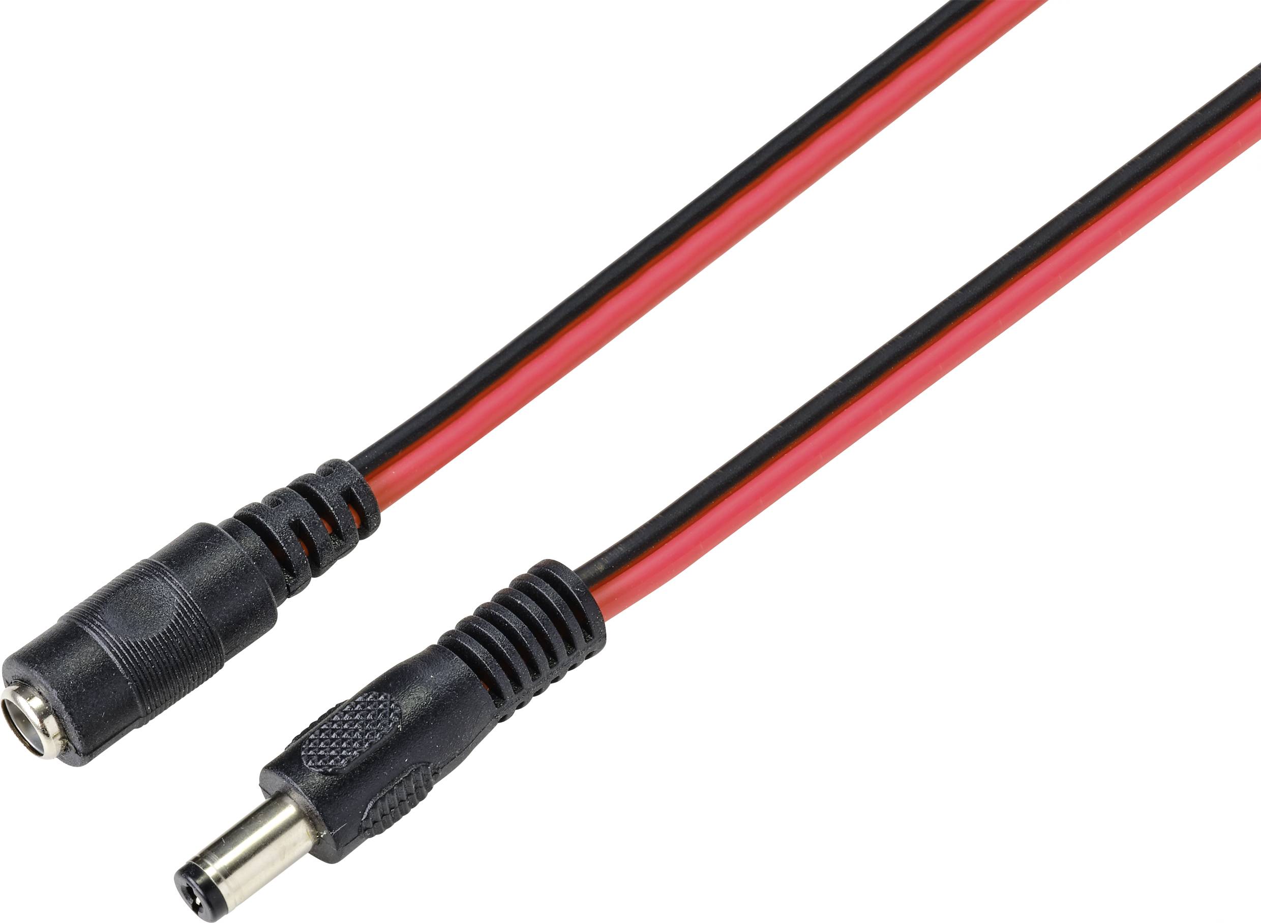 A black and red DC power cable with male and female connectors, suitable for electrical connections and power supply.