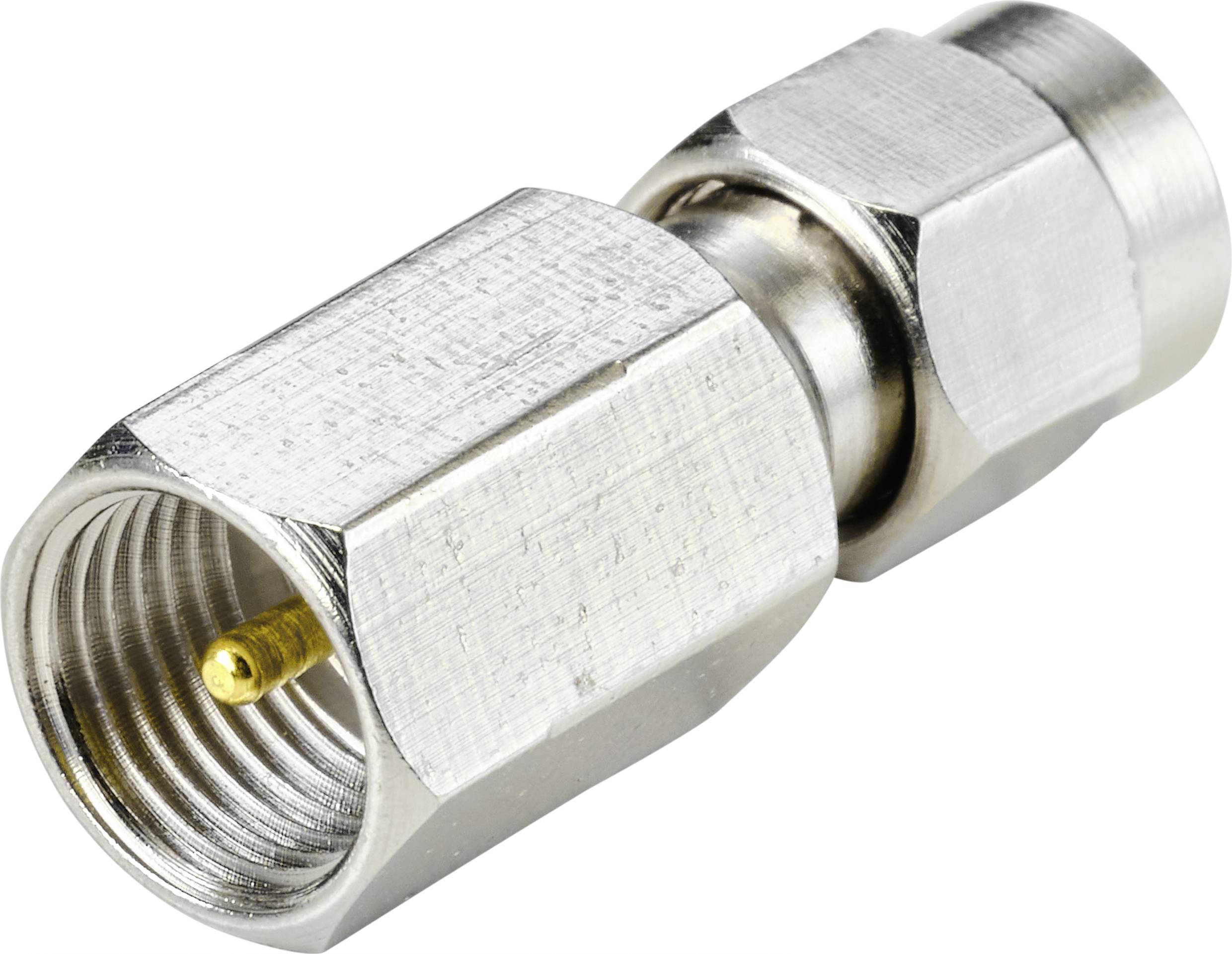 A silver coaxial adapter with a metal thread and gold-coloured centre pin, used for connecting coaxial cables in communication devices.