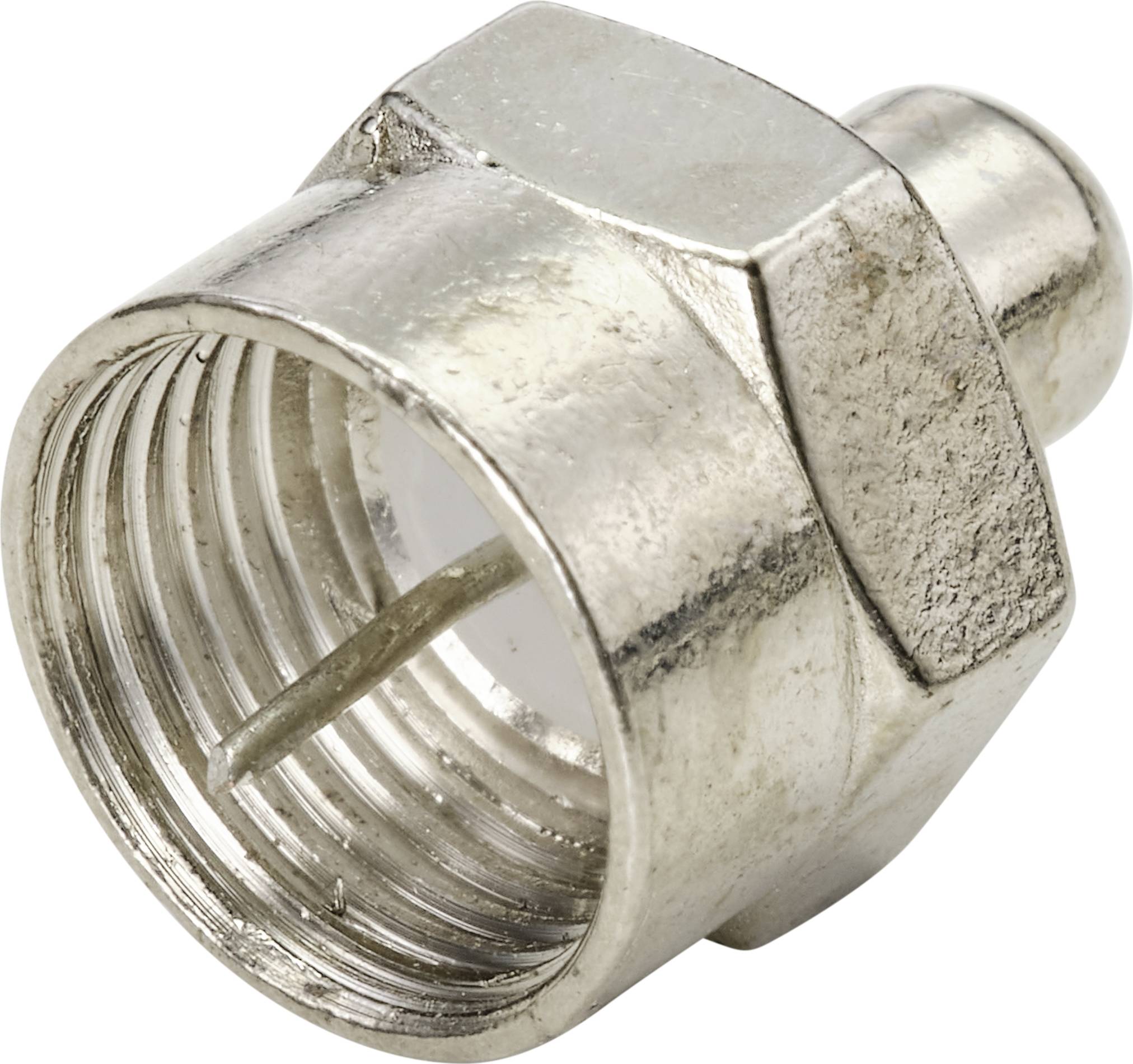 A silver coaxial plug with an internal thread, used for connecting coaxial cables, lies isolated on a white background.