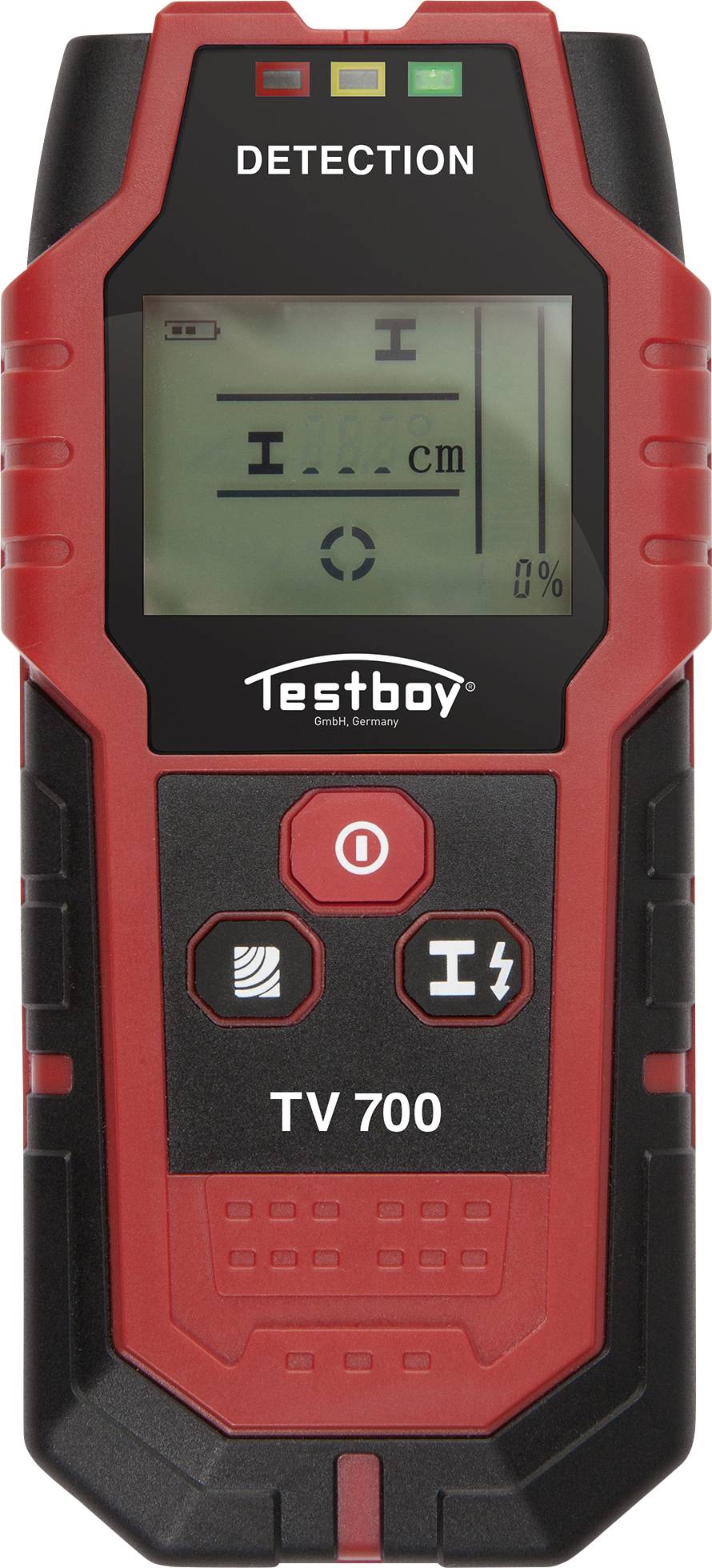A red electronic measuring device, displaying 'DETECTION' on the screen. It has buttons for adjusting and indicating centimetre values.