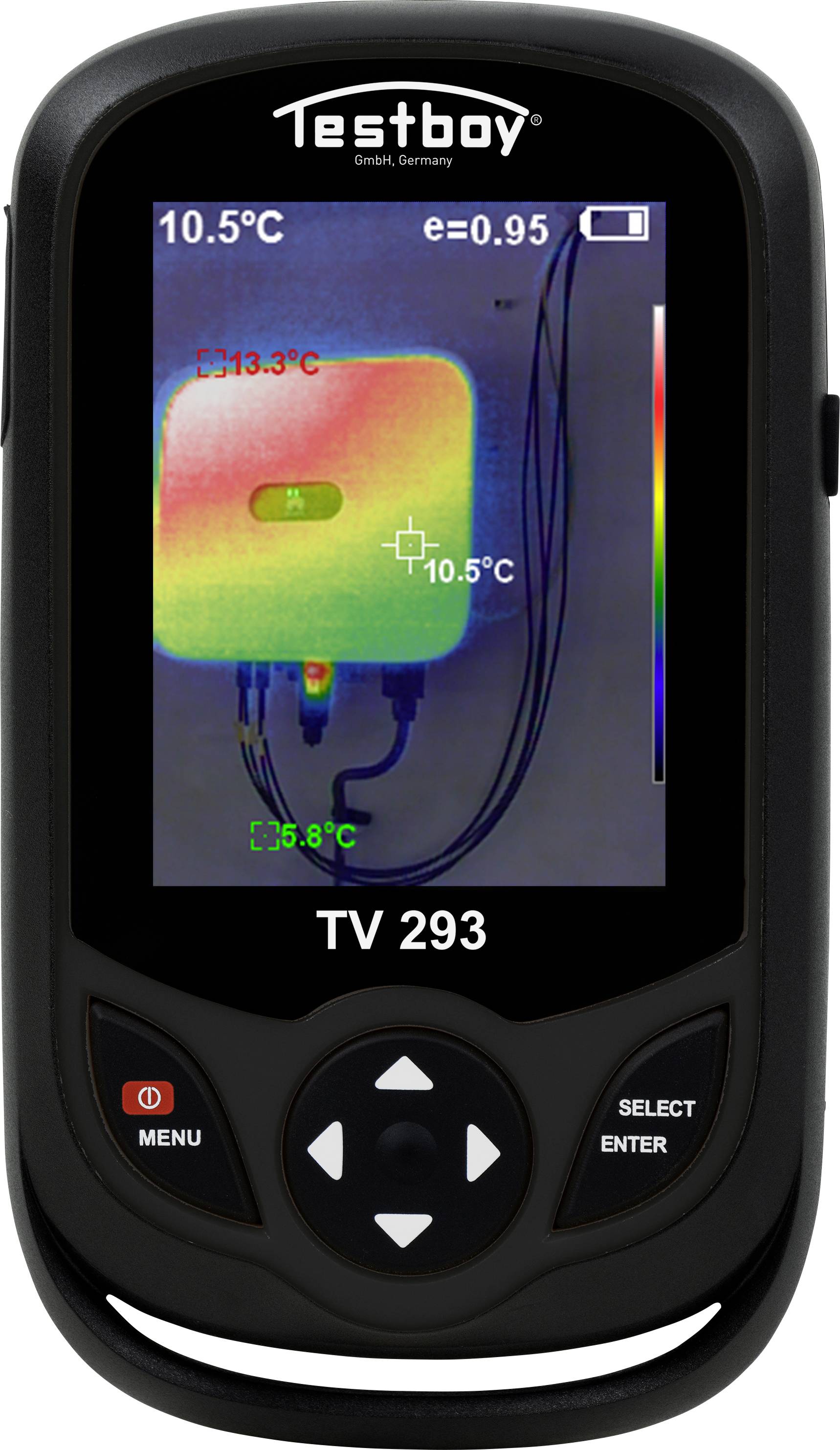 An infrared thermometer displays a colour-coded thermal image with temperature measurements: 10.5 °C, 13.3 °C, 35.8 °C.