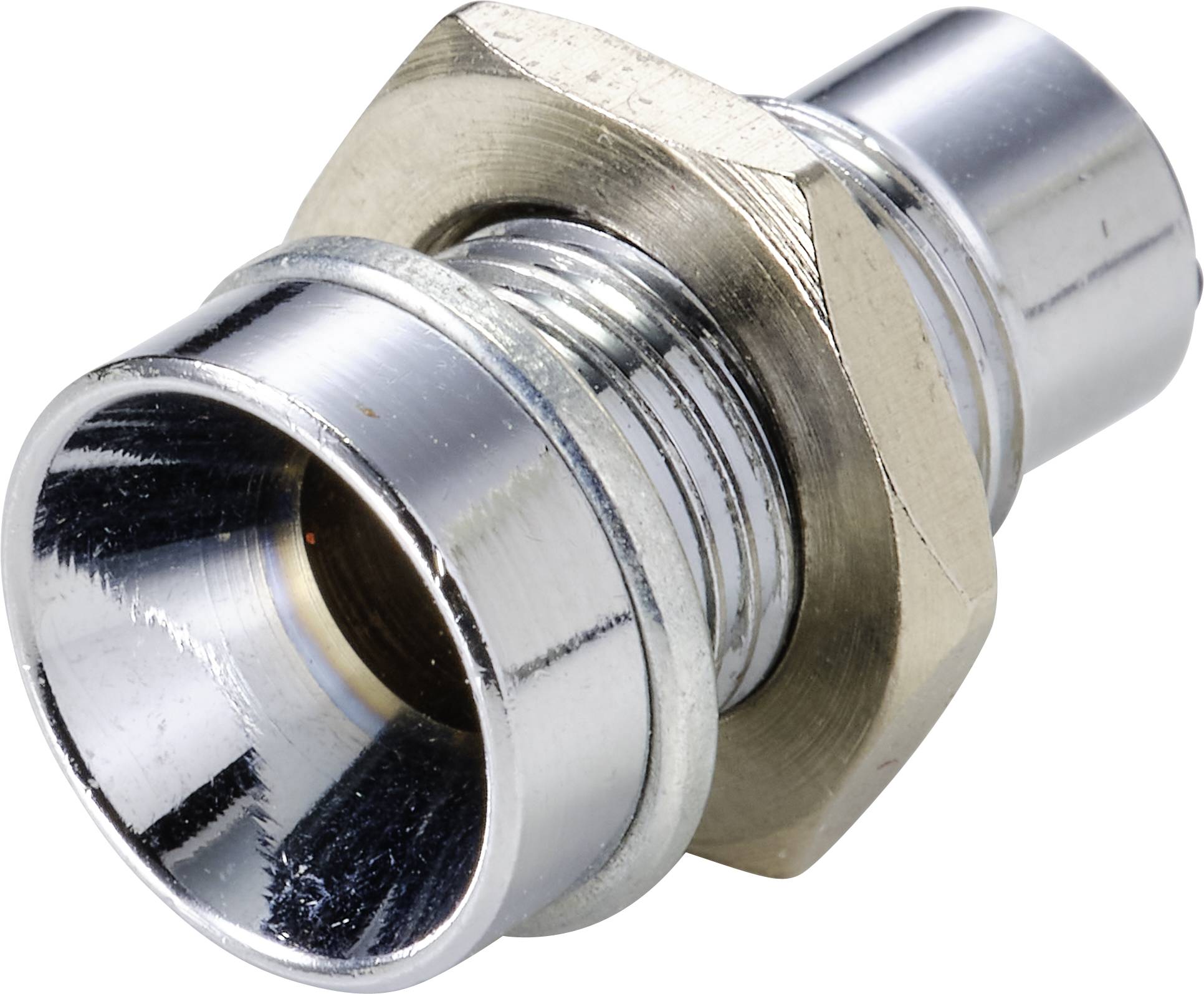 Metallic hollow pin adapter with chrome plating, comprising a cylindrical plug section and a hexagonal mounting ring.