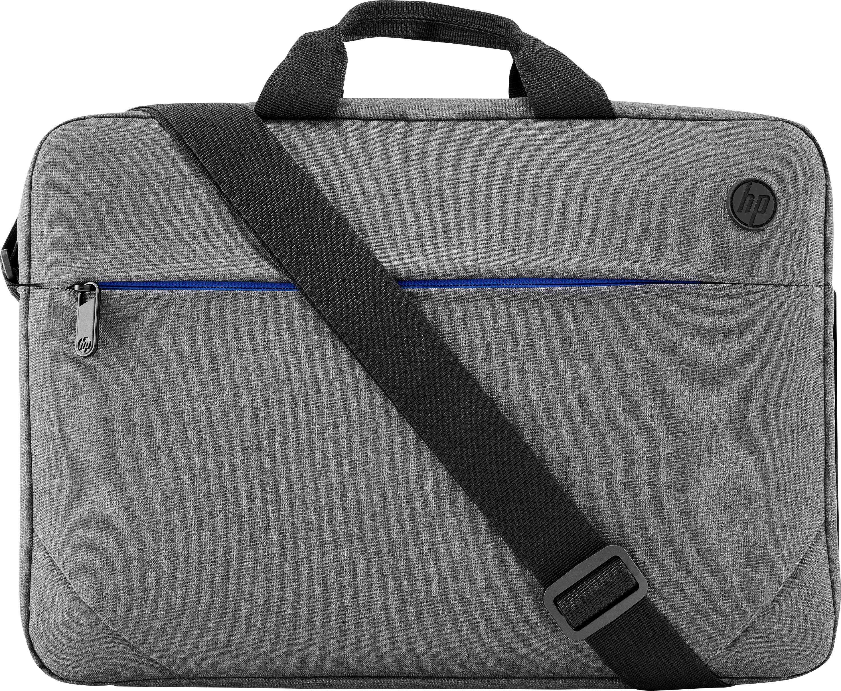 Grey laptop bag with blue zip details, adjustable shoulder strap and carry handle, suitable for daily use.