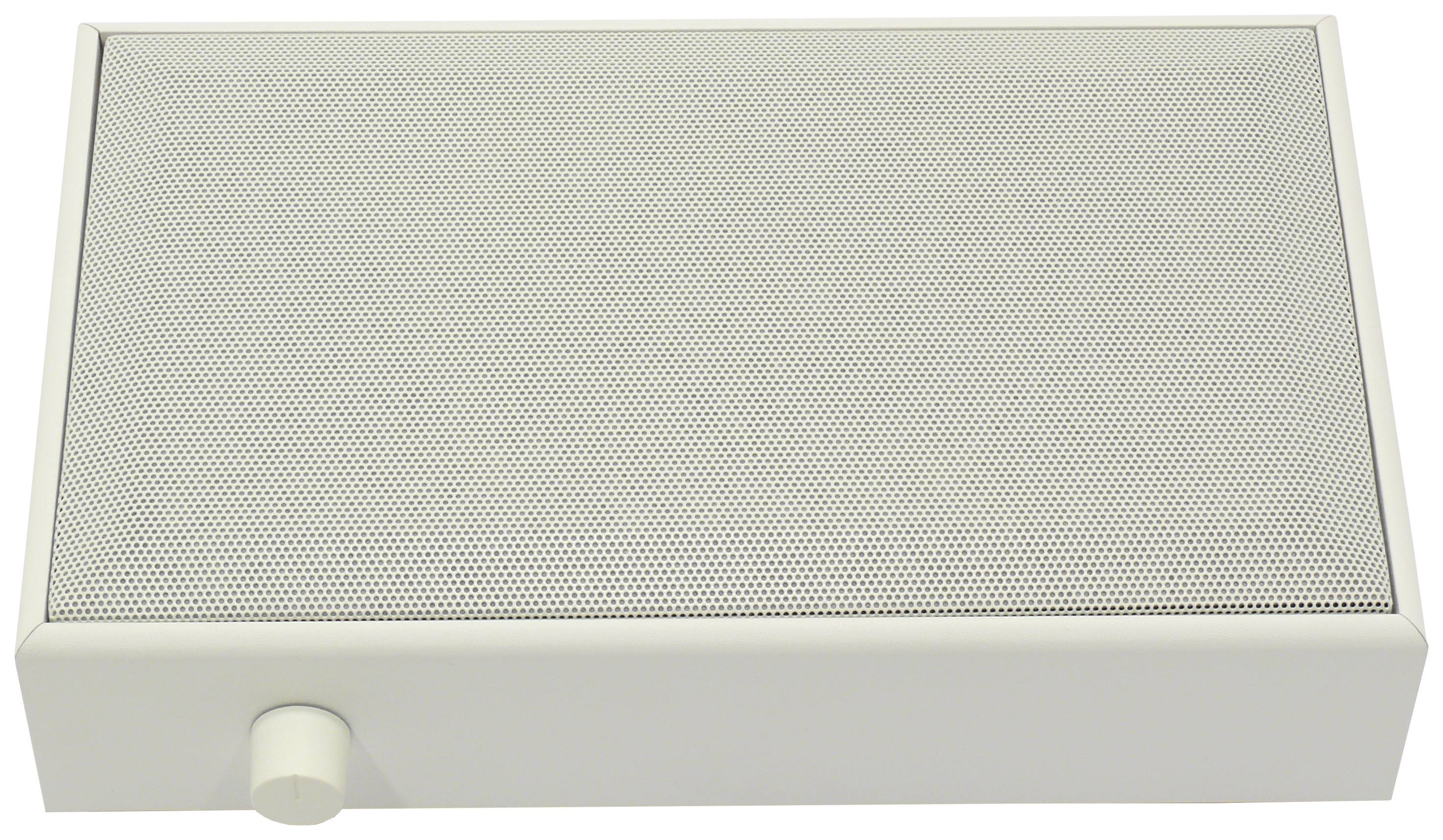 A white rectangular speaker with a small volume control knob on the bottom left side.