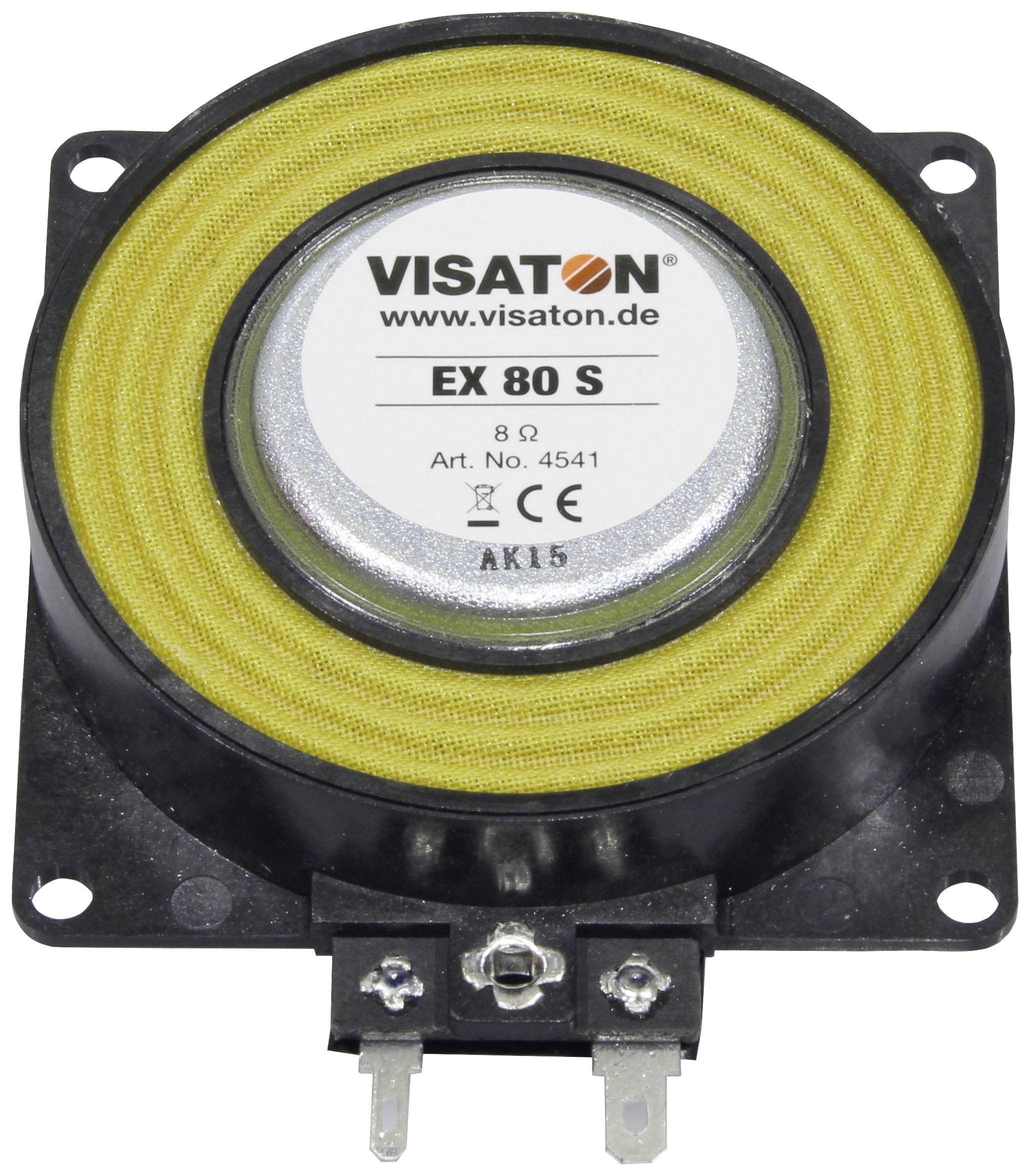 A Visaton EX 80 S speaker, round with a yellow border and black base, displays a website URL and technical specifications.