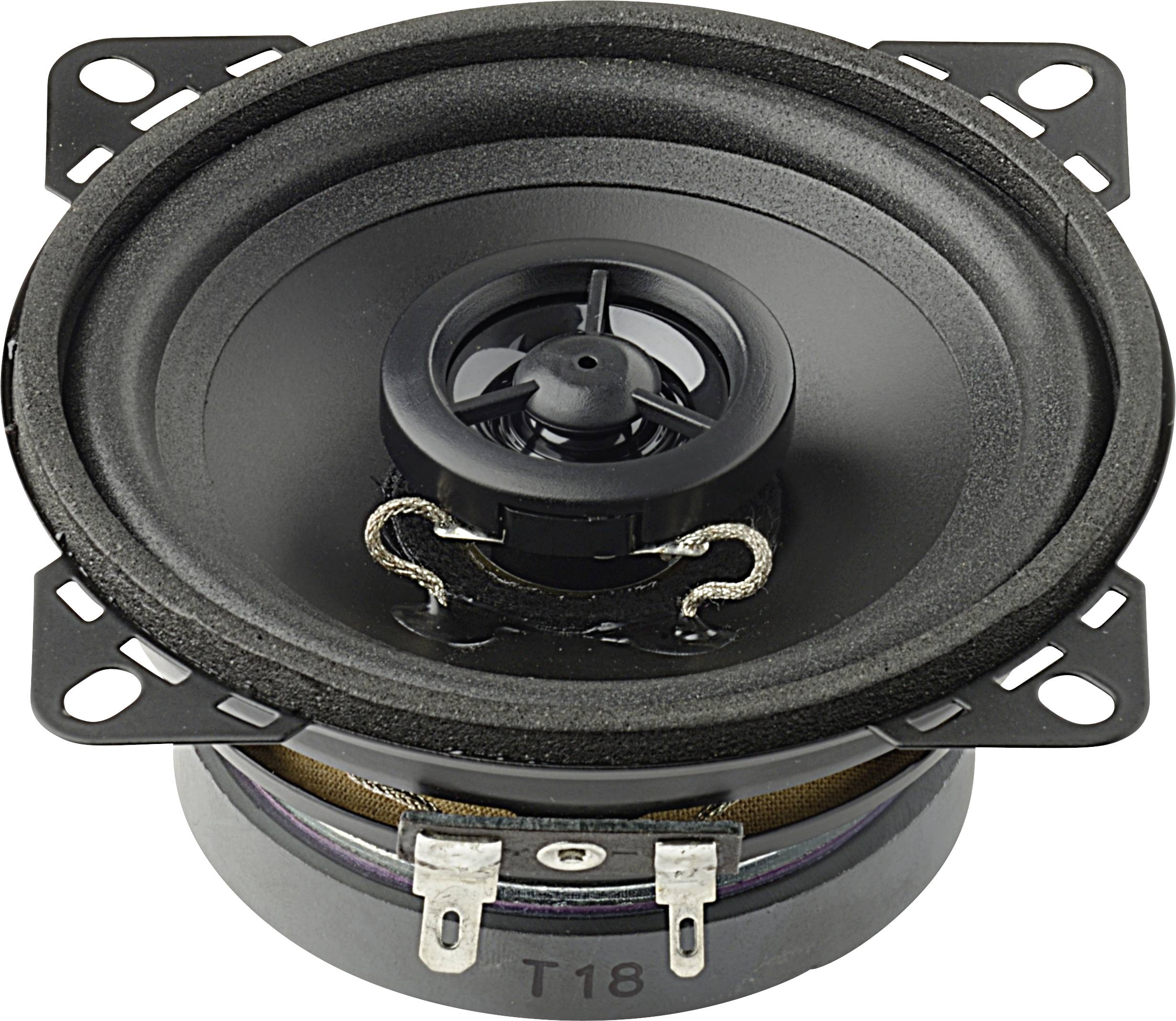 Round, black speaker with connections and mounting brackets, suitable for installation in audio devices or vehicles.
