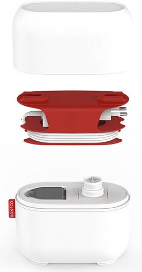 White, compact food processor with a red, removable cable holder. Features a control panel on top for various settings.