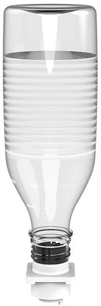 An empty, transparent bottle with a lid, standing upside down, likely used for liquid dispensers.